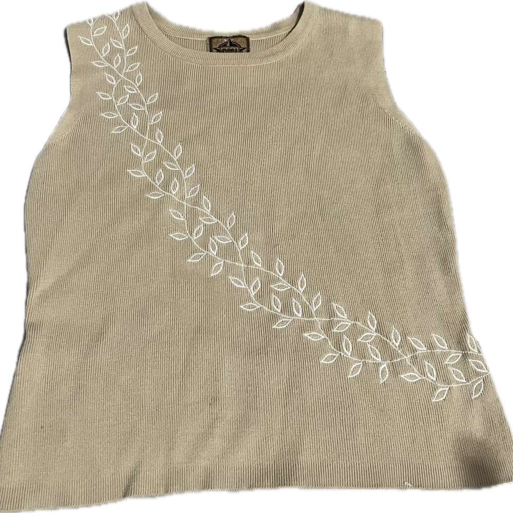 CMI 100% cotton Tan Tank Top with White Leaf Design
